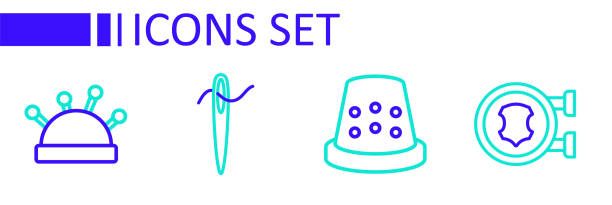 세트 라인 가죽, 바느질용 골무, 실과 침대와 바늘 아이콘이 있는 바늘. 벡터 - sewing needlecraft product needle backgrounds stock illustrations