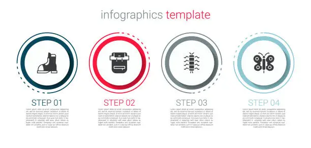 Vector illustration of Set Hunter boots, Hiking backpack, Centipede insect and Butterfly. Business infographic template. Vector