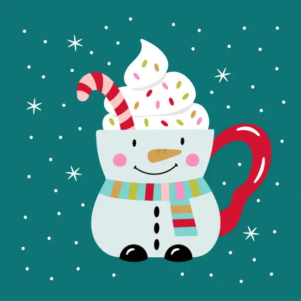 Vector illustration of Christmas holiday cute cocoa chocolate snowman cup. Childish print for cards, stickers, apparel and decoration. Vector illustration