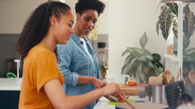 Mother With Teenage Daughter Helping To Prepare Meal At Home In Kitchen Together