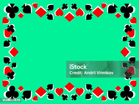 istock Frame with card suits: diamonds, hearts, clubs, spades in 3d style. Isometric symbols of card suits. Frame with place for text. Design for invitation card, banner and flyer. Vector illustration 1628849878