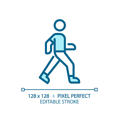 2D pixel perfect editable blue walking icon, isolated vector, thin line illustration.