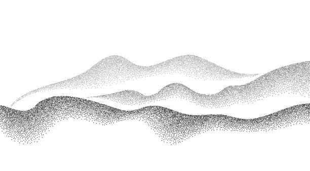 点線のノイズとグランジの質感を持つ粒子の粗い丘。ドットワークの山の木目模様。ドットワークスタイルの風景と地形。点描された勾配の山。ノイズの多い確率的な背景 点描画テクスチャ - stochastic点のイラスト素材／クリップアート素材／マンガ素材／アイコン素材