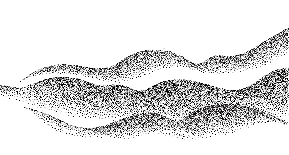 Dotwork mountain grain pattern. Grainy hill with dotted noise and grunge texture. Landscape and terrain in dotwork style. Stippled gradient mountains. Noisy stochastic background Pointillism texture