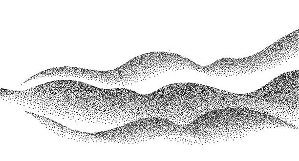 Vector illustration of Dotwork mountain grain pattern. Grainy hill with dotted noise and grunge texture. Landscape and terrain in dotwork style. Stippled gradient mountains. Noisy stochastic background Pointillism texture