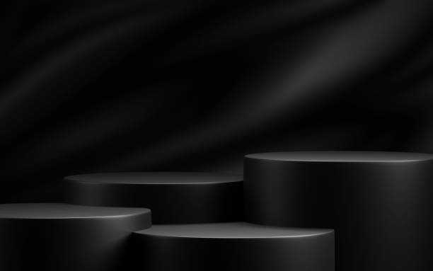 istock Black friday concept design of blank podium on black fabric background 3D render 1628856066
