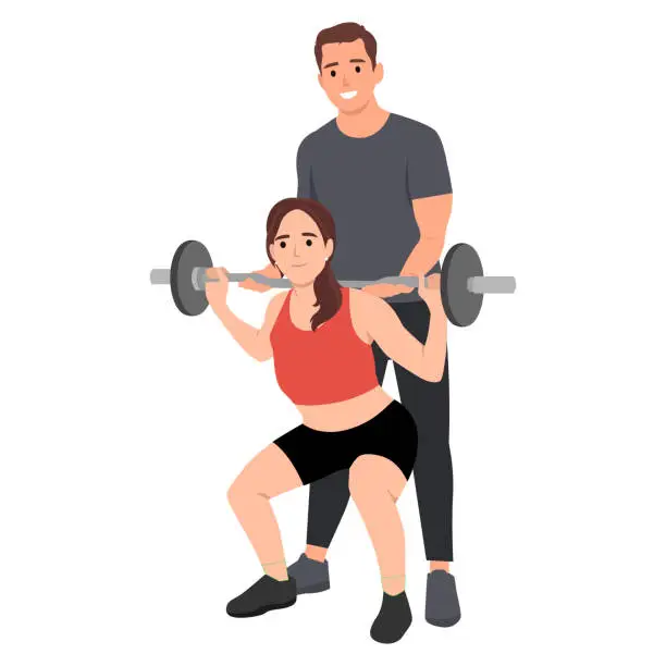 Vector illustration of Personal trainer. Girl lifts a barbell under the guidance of an instructor