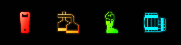 istock Set Bottle opener, Beer brewing process, Boot beer glass and Wooden barrel icon. Vector 1628857665