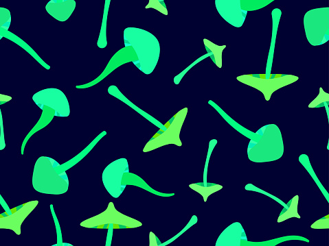 Seamless pattern with green bioluminescent mushrooms. Fluorescent luminous mushrooms on a long stem. Bioluminescent fungi glow. Design for banner and wallpaper. Vector illustration