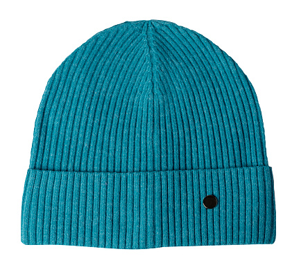turquoise hat isolated on white background .knitted hat top view.