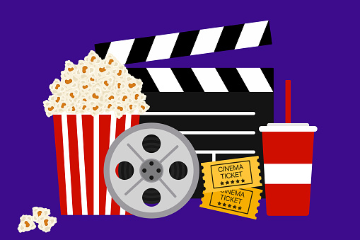 Movie Concept With Film Reel, Clapboard, Tickets, Popcorn Snack And Drink On Purple Background