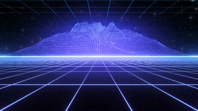 80s Retro Futuristic Background wireframe grid and Mountain