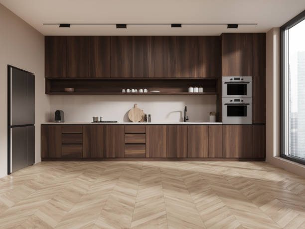 istock Beige kitchen interior with cabinets and fridge 1628875814