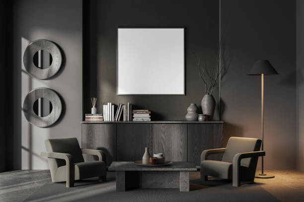 istock Grey relax room interior armchairs and drawer with decoration, mockup frame 1628877155