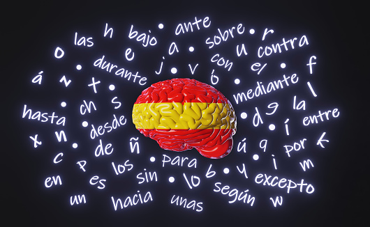 Spanish Learning Foreign language Human brain Spain flag color Letters articles word preposition vocabulary grammar 3d rendering. Studying Online course education Listening Reading Fluency improvement
