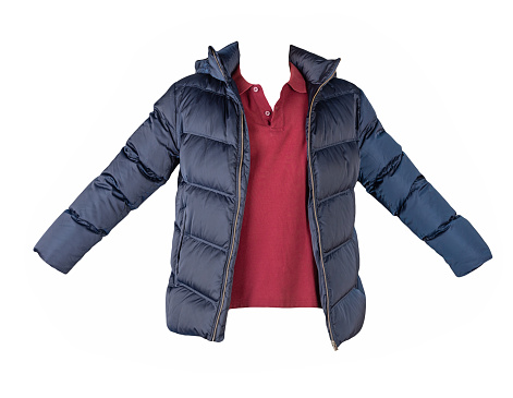 dark blue men's down jacket and dark red shirt isolated on white background. fashionable casual wear