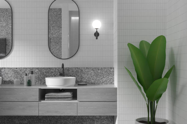 istock Modern tranquil home bathroom interior with modern amenities and rustic charm. It blends elegance, comfort, and nature. 3d rendering. 1628881211