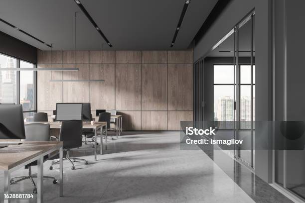 Grey Workspace Interior With Chairs And Computers In Row Panoramic ...