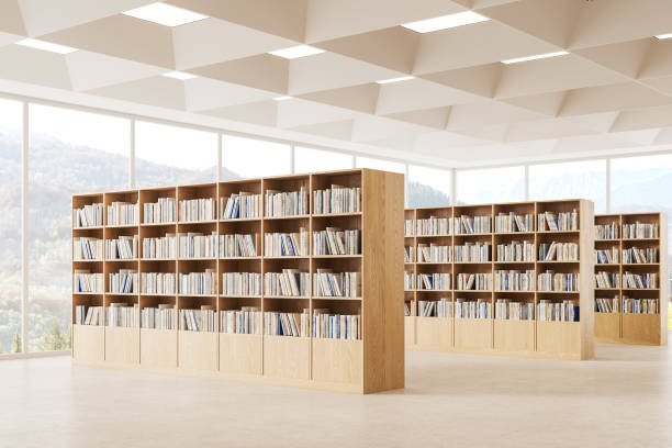 istock Modern library interior with wooden bookcase in row, panoramic window 1628882894
