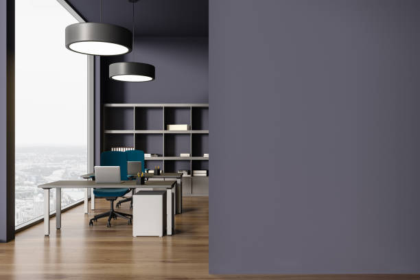 istock Dark class room interior with table and chairs, shelf and window. Mock up wall 1628882944
