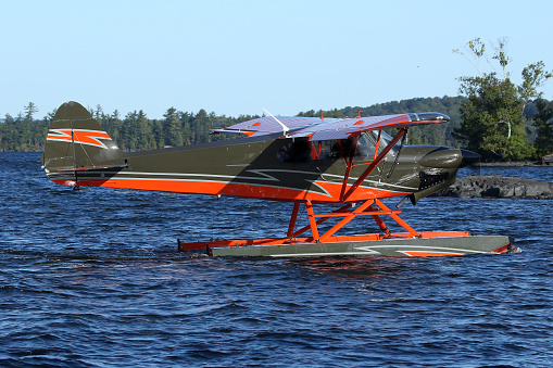 Carbon Cub Experimental Floatplane, taxiing on Moosehead Lake, Greenville, ME, USA - 11 September 2021