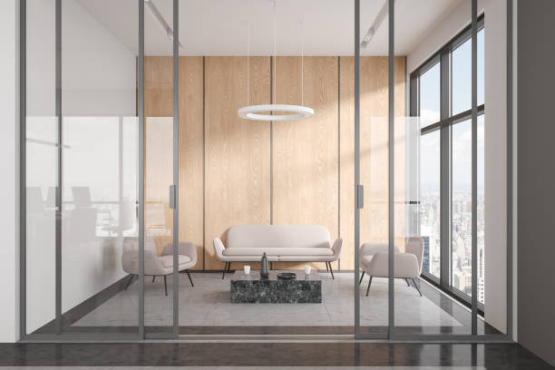 istock White and wooden office waiting room interior with sofa 1628888415