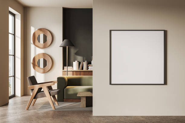 istock Cozy relax room interior and soft place with sideboard and window, mockup frame 1628890614