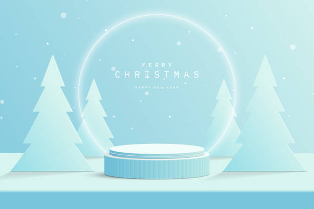 istock Abstract blue 3D cylinder podium pedestal on desk table with Christmas tree, glowing neon ring and snow. Platform for product display presentation or promotion day. Merry Christmas n Happy New Year 1628892892