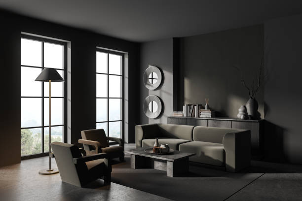 istock Grey relax room interior with armchairs and couch with decor, panoramic window 1628896204