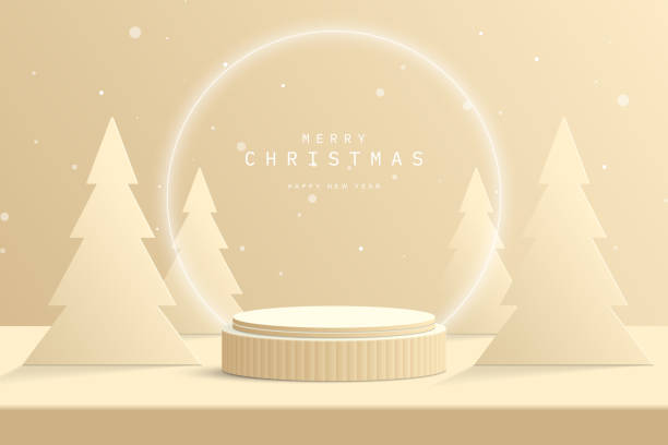 istock Abstract brown 3D cylinder podium pedestal on desk table with Christmas tree, glowing neon ring and snow. Platform for product display presentation or promotion day. Merry Christmas n Happy New Year 1628896797