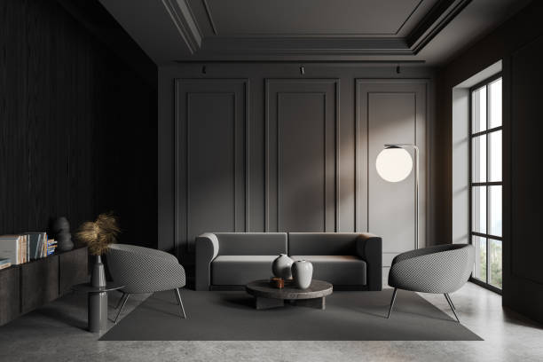 istock Grey living room interior with armchair and couch with sideboard, window 1628899498