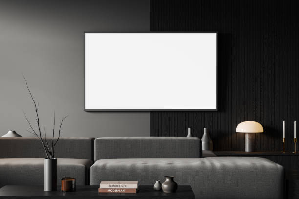 istock Home relaxing interior with couch and mockup tv, coffee table with decoration 1628900624