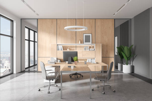 istock Stylish office interior with consulting zone and armchairs, panoramic window 1628907184