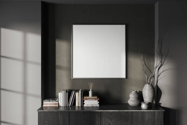 istock Grey living room interior with drawer and art decoration, mockup frame 1628907208