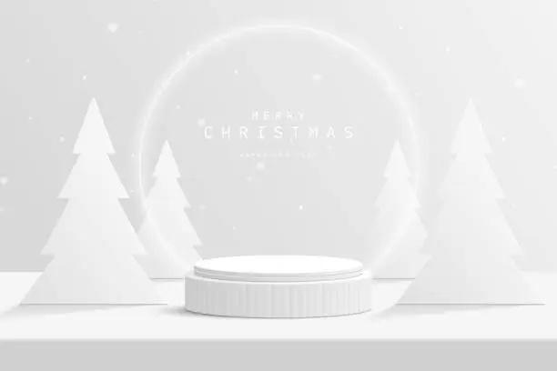 Vector illustration of Abstract white 3D cylinder podium pedestal on desk table with Christmas tree, glowing neon ring and snow. Platform for product display presentation or promotion day. Merry Christmas n Happy New Year