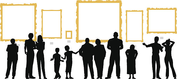 Variety of people silhouetted in front of blank gold frames vector art illustration