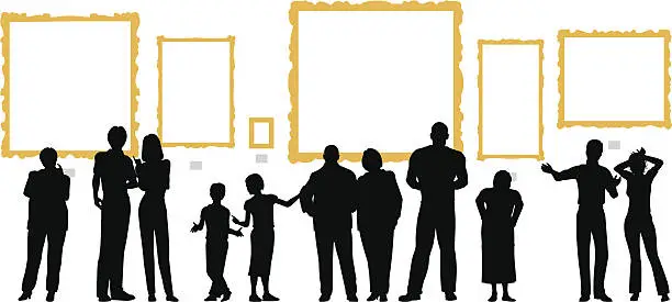 Vector illustration of Variety of people silhouetted in front of blank gold frames