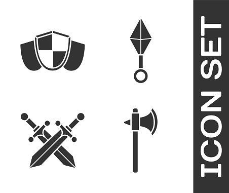 Set Medieval axe, Shield, Crossed medieval sword and Japanese ninja shuriken icon. Vector