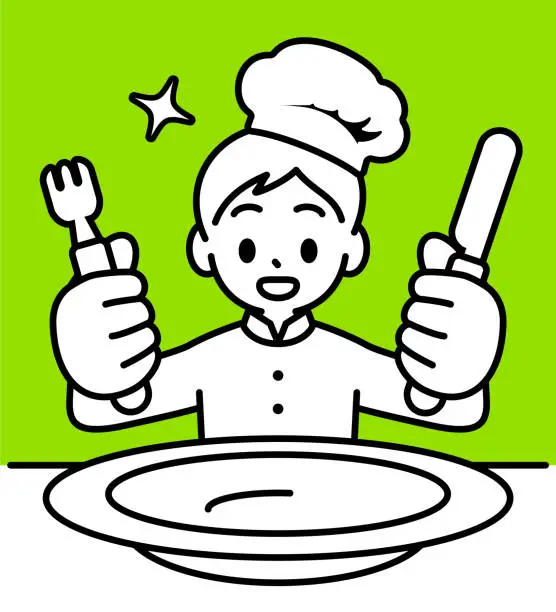 Vector illustration of A chef boy holding a fork and a knife, sitting down to a meal, in front of a big empty plate, looking at the viewer, minimalist style, black and white outline