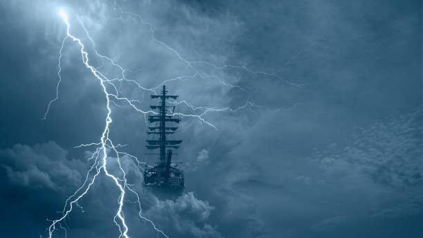 Flying old ship in the stormy clouds with thunder and lightning