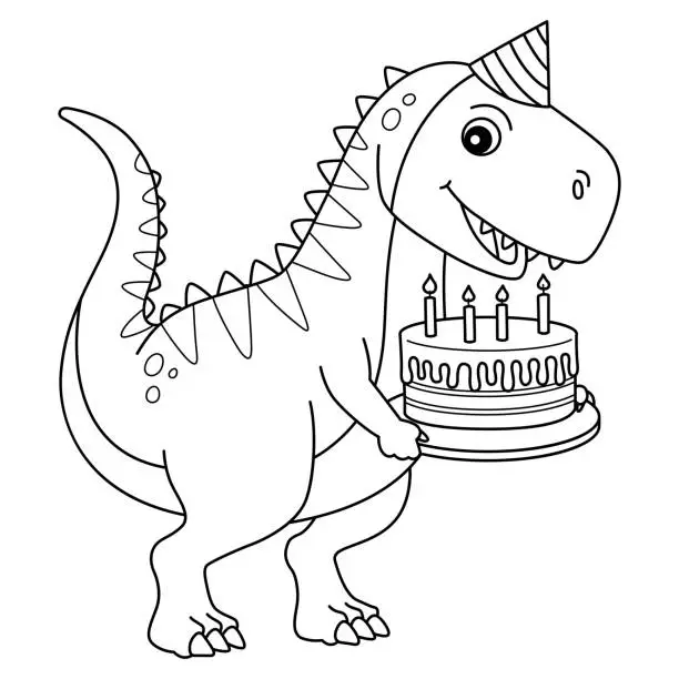 Vector illustration of T-Rex with Happy Birthday Isolated Coloring Page