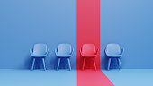 Red chair standing out from the crowd of blue chairs, Unique, business hiring concept, 3D render