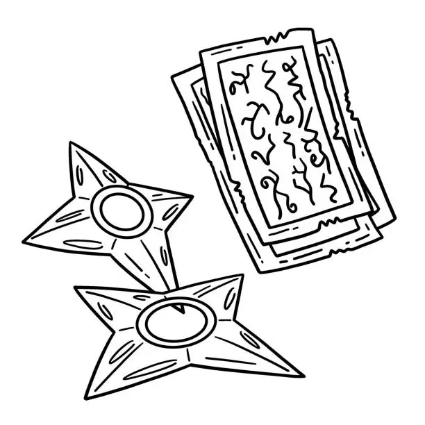 Vector illustration of Shuriken and Scroll Isolated Coloring Page