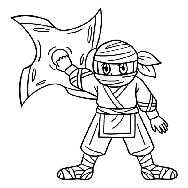 Vector illustration of Ninja with Huge Shuriken Isolated Coloring Page