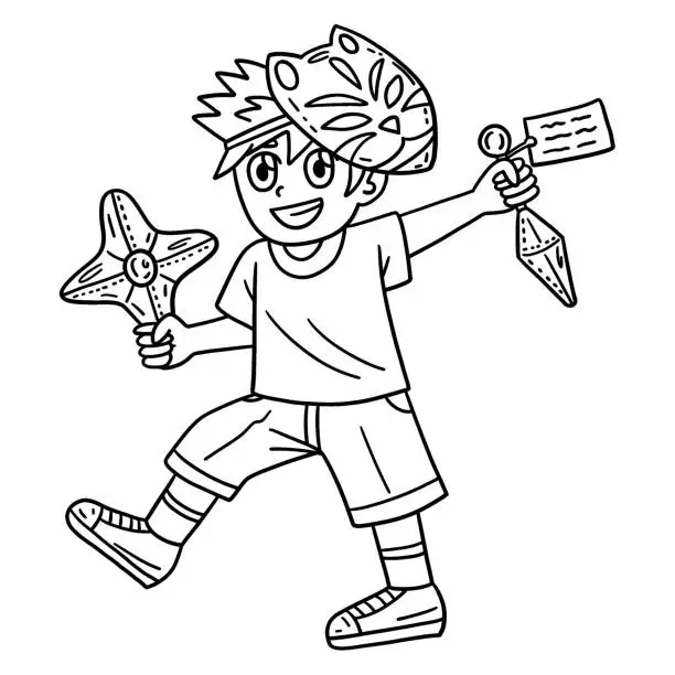 Vector illustration of Ninja Child with Kunai and Shuriken Toys Isolated