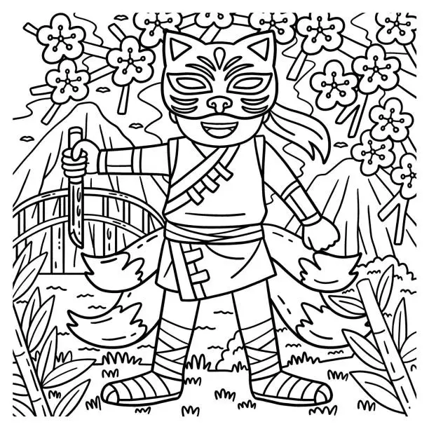 Vector illustration of Ninja with Kitsune Mask and Tail Coloring Page