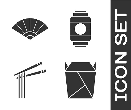 Set Rstaurant opened take out box filled, Paper chinese or japanese folding fan, Asian noodles and chopsticks and Japanese paper lantern icon. Vector