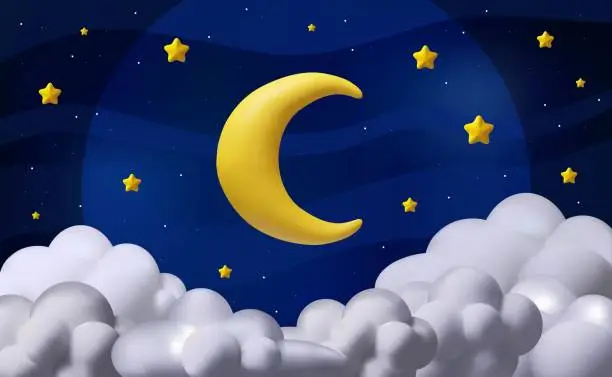 Vector illustration of 3D moon and stars in midnight