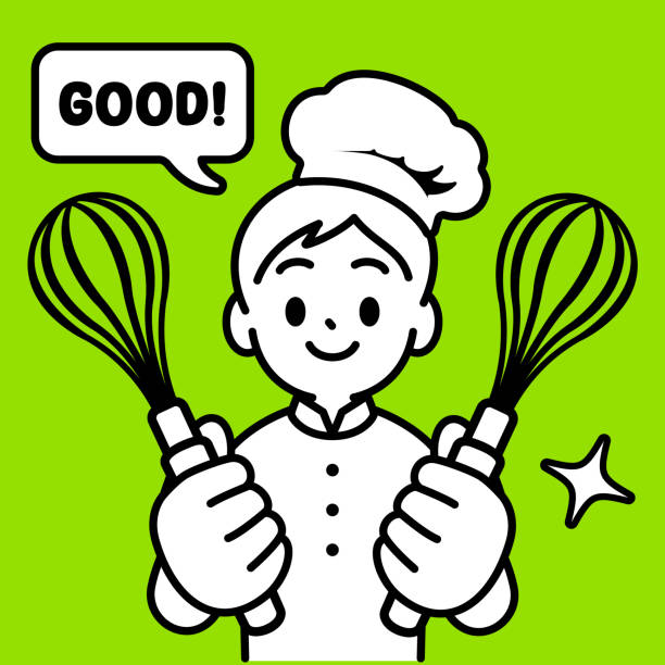 ilustrações de stock, clip art, desenhos animados e ícones de a chef boy holding whisks or egg beaters, looking at the viewer, minimalist style, black and white outline - characters cooking chef bakery