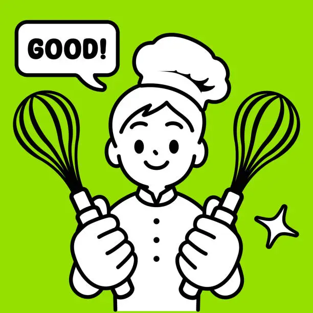Vector illustration of A chef boy holding whisks or egg beaters, looking at the viewer, minimalist style, black and white outline